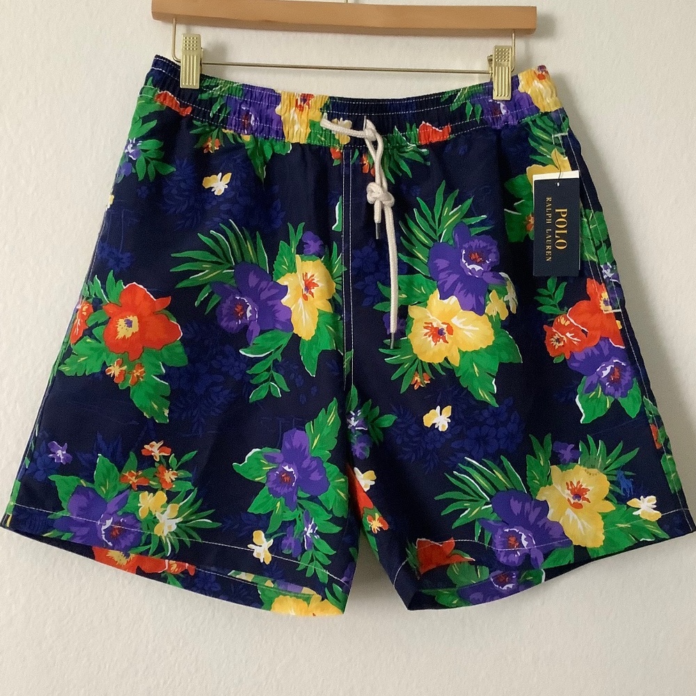 New Polo Ralph Lauren Navy Blue Floral Swimwear Shorts Size M